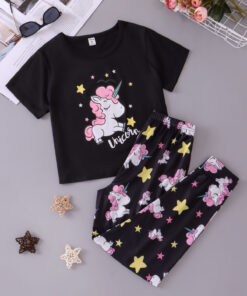 Black Unicorn Printed Half Sleeves T-shirt with unicorn Star Printed Pajama Kids Suits (KO-627)