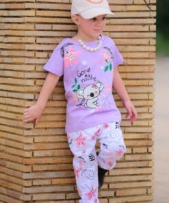 Lilac Good Night Floral Bear Printed Half Sleeves T-shirt with Floral Printed Pajama Kids Suits (KO-625)