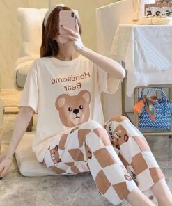 Off White Handsome Bear Print With Bears Printed Trouser (KO-NS-493)