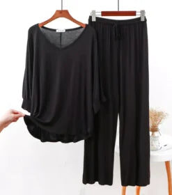 Black Plain V Neck Shirt With Lose Style Lounge Wear (KO-NS-0340)