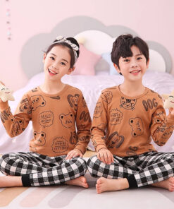 Baby or Baba Brown Hello Friend with Check Style Pajama Night Suit for Kids (1 Pcs) (KO-KNS-235)