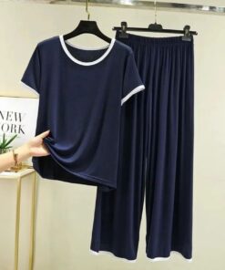Navy Blue Round Neck Piping Half Sleeves Shirt With Palazzo Style Trouser Home Wear (KO-NS-385)