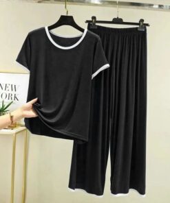 Black Round Neck Piping Half Sleeves Shirt With Palazzo Style Trouser Home Wear (KO-NS-387)