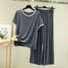 Grey Round Neck Piping Half Sleeves Shirt With Palazzo Style Trouser Home Wear (KO-NS-388)