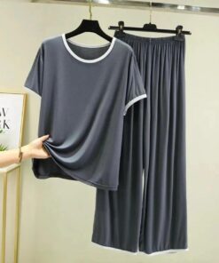 Grey Round Neck Piping Half Sleeves Shirt With Palazzo Style Trouser Home Wear (KO-NS-388)