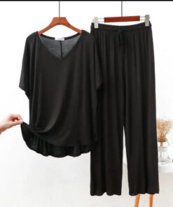 Black V Neck Half Sleeves Shirt With Lose Style Lounge Wear (KO-NS-391)