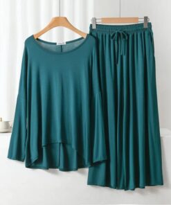 Dark Green Frill Sleeves Shirt With Lose Style Lounge Wear (KO-NS-412)