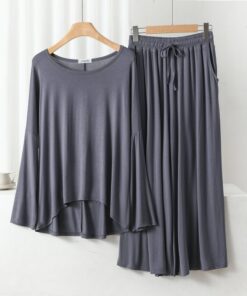 Grey Frill Sleeves Shirt With Lose Style Lounge Wear (KO-NS-415)
