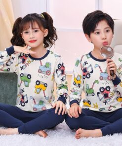 Off White Truck Print With Navy Blue Trouser Full Sleeves Night Suit for Kids (KO-KNS-434)