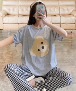 Grey Bear Print Half Sleeves Shirt With Check Print Trouser (KO-NS-463)