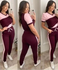 Pink With Maroon Panel Short Sleeves Track Suit (KO-TS-466)