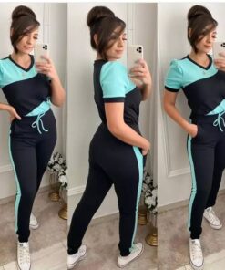 Black With Sea Green Panel Short Sleeves Track Suit (KO-TS-467)