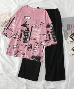 PINK PLANET MUSIC CITY GRAPHIC OVERSIZED SHIRT WITH BLACK PLAIN TROUSER (KO-NS-479)