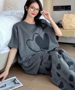 Charcoal Grey Hearts Printed Shirt With Hearts Printed Trouser (KO-NS-489)