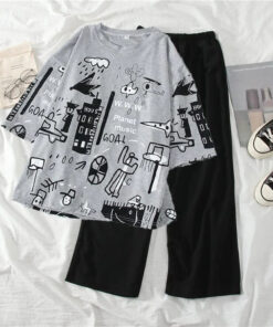 GREY PLANET MUSIC CITY GRAPHIC OVERSIZED SHIRT WITH BLACK PLAIN TROUSER (KO-NS-452)