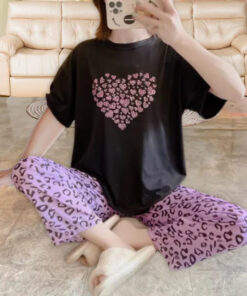 Black with Purple Heart Print Half Sleeves Shirt With Cheetah Print Trouser (KO-NS-438)