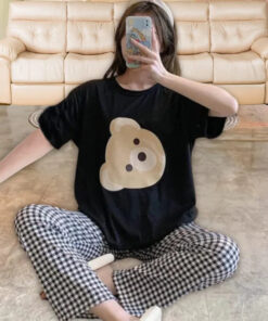 Black Bear Print Half Sleeves Shirt With Check Print Trouser (KO-NS-439)