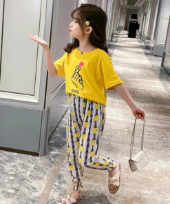 Yellow Love Charm Print Half Sleeves Shirt With Pineapple Printed Trouser Suit for Kids (KO-KNS-470)