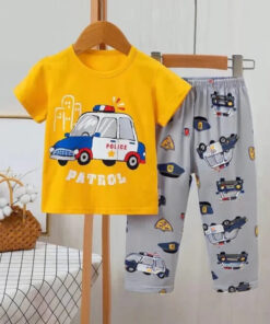 Yellow Car Print Half Sleeves T-shirt With Printed Pajama Suit for Kids (KO-KNS-474)