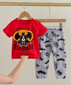 Red Flashman Printed Print Half Sleeves T-shirt With Printed Pajama Suit for Kids (KO-KNS-475)