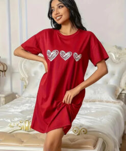 Red With White Heart Long Shirt For Women (KO-LS-518)