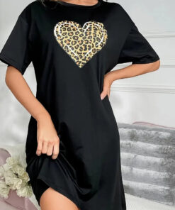 Black With Cheetah Heart Print Long Shirt For Women (KO-LS-509)
