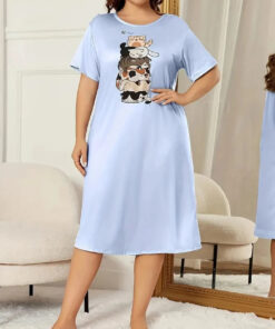 Sky Blue Cats Print Long Shirt For Women (KO-LS-512)