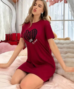 Maroon With Black Big Heart Print Long Shirt For Women (KO-LS-515)