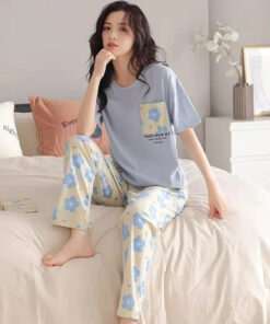 Sky Blue Pocket Flower With Flower Printed Trouser (KO-NS-504)