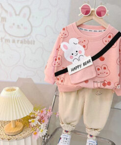 Pink Happy Bear Pocket Sweatshirt with Off White Trouser