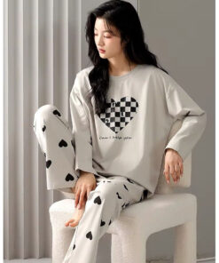 Grey Puzzle Heart Print With Heart Printed Trouser Full Sleeves Night Suit