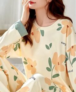 Off White Flower Print With Flower Printed Trouser Full Sleeves Night Suit