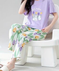 Lilac bunny Printed Half Sleeves Night Suit