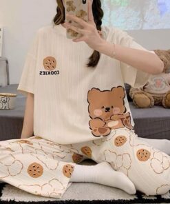 White Cookies With Bear Print Half Sleeves Printed Night Suit