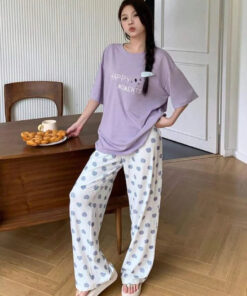 Lilac Happy Moments Printed Half Sleeves Shirt with Hearts Printed Trouser