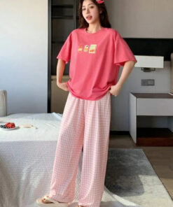 Pink Juices Printed Half Sleeves Shirt With check Printed Trouser Night wear