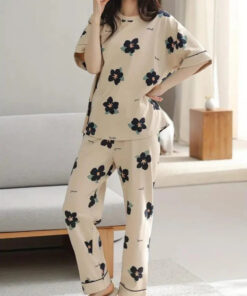 Brown All Over Flowers Printed Night Suit