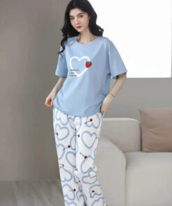 Sky blue Strawberry Heart Printed Night Suit