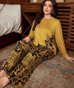 Deep Yellow Floral Print Full Sleeves with floral Printed pajama Night Suit
