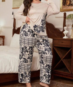 Off White Floral Print Full Sleeves with floral Printed pajama Night Suit