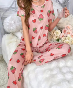 Pink All over Strawberry Half Sleeves Printed Night Suit