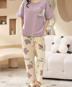 Lilac Flower Pocket Print Half Sleeves Printed Night Suit
