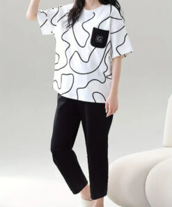 White Black Lining Pocket Printed Half Sleeves T-shirt With Plain Black Pajama Suit