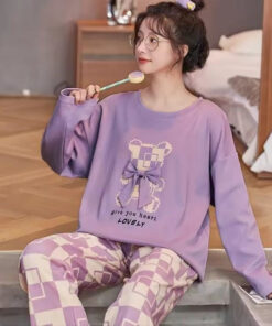 Lilac Give You Heart Lovely Bear Full Sleeves Night Suit