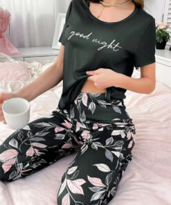 Black Good Night With Flower Printed Trouser Half Sleeves Night Suit