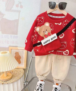 Red Happy Bear Pocket Sweatshirt with Off White Trouser