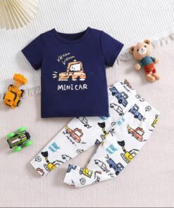 Navy Blue Mini Car with White pajama Printed Kids Night Suit (KO-616)