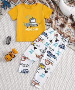 Yellow Mini Car Printed Half Sleeves T-Shirt with White Cars Printed Pajama For Kids (KO-603)