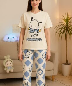 White Pochacco Print Half Sleeves Printed Night Suit