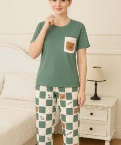Green Front Bear Printed Half Sleeves T-shirt With Bear Printed Pajama Suit